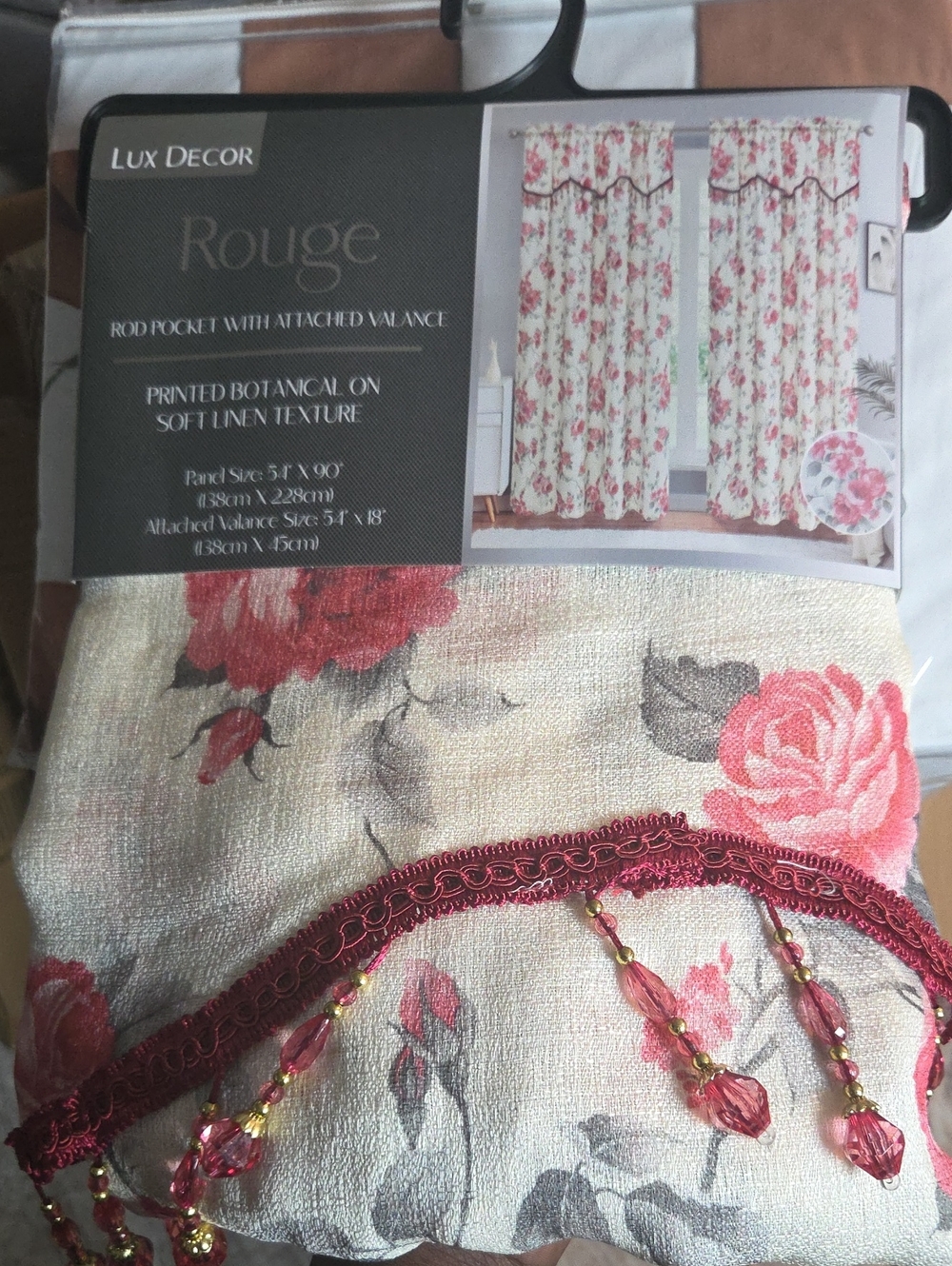 Rouge Pink and Gray Floral Rod Pocket Panel with Attached Valance